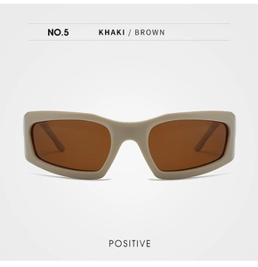 Front view of Khaki Y2K cycling sunglasses with brown lenses and cyber futuristic frame