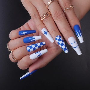Press On Nails Long Coffin Matte Blue White Checkerboard Smiley Face Star Flame Pattern DIY Manicure For Women