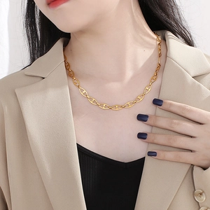 Fashionable gold titanium steel chain necklace shown on model for elegant styling