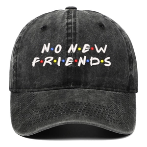 Washed black cotton baseball cap featuring NO NEW FRIENDS embroidery with color dots