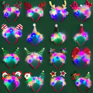 LED Glowing Christmas Headband With Feather Deer Antlers Santa Claus Christmas Tree Star Party Decoration Hair Accessories