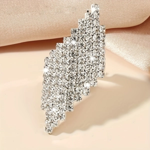 Luxurious wide geometric silver open ring with full rhinestone inlay for women