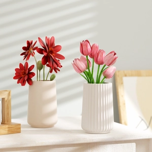 Minimalist beige smooth and white striped textured vases with red and pink flowers