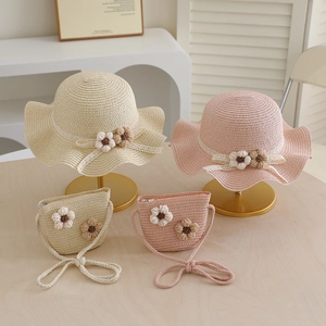 Summer kids straw hat and matching bag set with lace ribbons and floral details