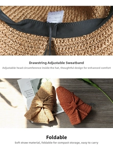 Detalle de sombrero de paja con cordón ajustable y diseño de tejido de paja plegable