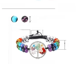 Detailed view showing dimensions of the 7 chakra tree of life braided stone bracelet