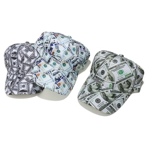 Three-pack baseball caps with US dollar bill print in blue, green and black tones