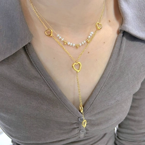 Heart Pendant Necklace Natural Artificial Pearl Stainless Steel Gold Plated Elegant Layered Y-Shaped Beaded Jewelry For Women