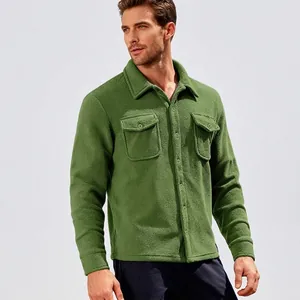 Men Fleece Shacket Heavyweight Warm Outdoor Casual Lapel Button Down Solid Color Long Sleeve Jacket Coat