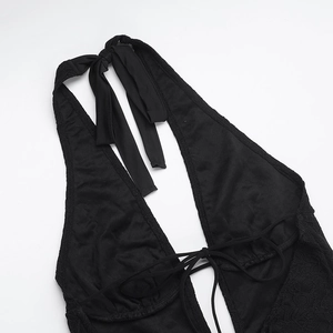 Detailed top view of a black lace bodysuit featuring a V-neck and halter neck tie design