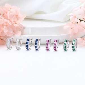 Sparkling S925 sterling silver hoop earrings with rectangular cubic zirconia stones