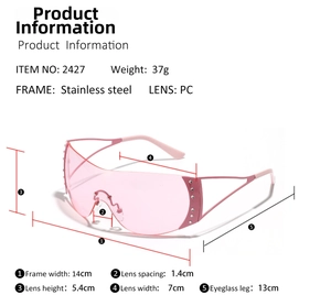 Detailed view of Y2K frameless pink sunglasses with stainless steel frame dimensions
