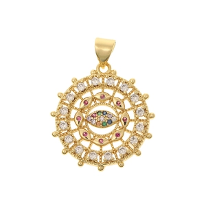 Macro shot of gold hollow evil eye pendant with multicolored zircon inlay details