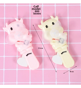 Manual hand-press mini fan in calf shape, pink and yellow colors, 14cm portable size
