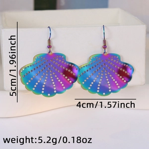 Macro shot of iridescent seashell earrings with detailed size dimensions 5cm x 4cm