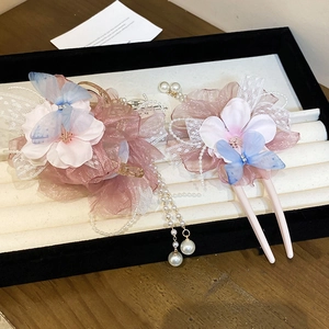 Haarklammer-Set mit rosa Schleife, blauen Schmetterlingen und Perlen-Quasten
