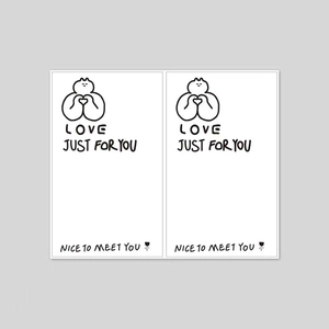 Detail of LOVE JUST FOR YOU and NICE TO MEET YOU rectangle stickers with heart illustration