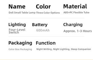 Specifications for the cartoon LED lamp showing ABS material and 600mAh battery capacity