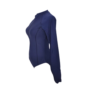 Detail view of the navy blue surfing suit with high collar and front zipper closure