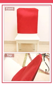 Front and top view of red felt Christmas chair covers for festive dining room decor