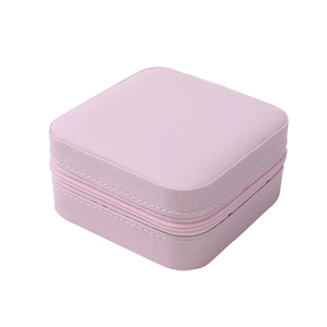 Portable pink PU leather travel jewelry box with zipper for rings and earrings