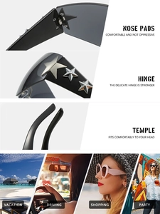 Detail of square rimless Y2K sunglasses featuring star accents and comfortable nose pads