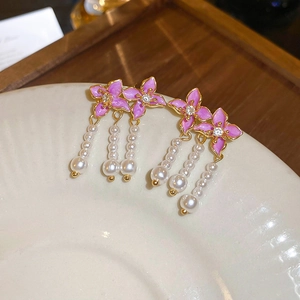 Pink enamel flower pearl tassel earrings with zircons and gold-plated finish
