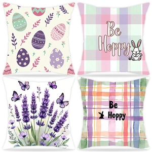 Set of 4 Easter cushion covers featuring Be Hoppy text, bunny patterns and pastel grids