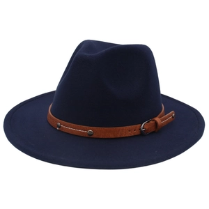 Detail of dark blue fedora hat with brown leather band and metal buckle decoration