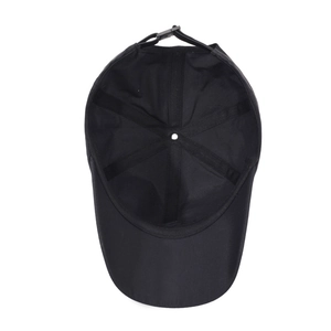 Breathable black quick-dry baseball cap featuring a six-panel internal structure and strap