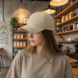 Breathable beige baseball cap with embroidery shown in a stylish outdoor lifestyle setting