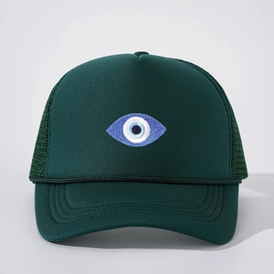 Dark green mesh trucker hat featuring blue evil eye embroidery and decorative rope
