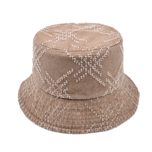 Detail of dark khaki bucket hat featuring decorative white star stitching and washed texture