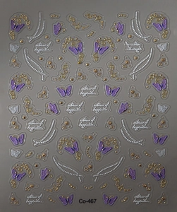 Detail view of gold butterfly nail stickers with 3D pearl chains and floral patterns
