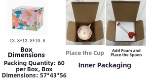 Detailed view of irregular ceramic mug set with floral print and heart-shaped spoon in box