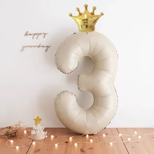Cream Number Foil Balloon With Golden Crown Birthday Party Decoration Elegant Minimalist Photo Backdrop For Kids Adults