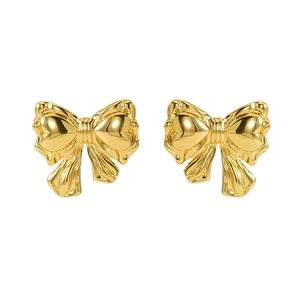 Polished 18K gold-plated stainless steel bow earrings on a clean white background