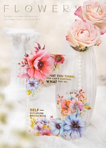Close-up of floral acrylic plate with golden quotes and pink blue flower patterns