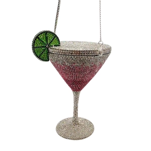Sparkling crystal martini glass shaped evening clutch bag with pink rhinestone details