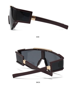 Detailed side and back views of wine red oversized sunglasses with gold metal accents
