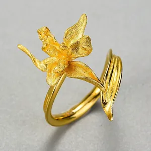 Handmade Iris Flower Ring 925 Sterling Silver 18K Gold Plated Adjustable Open Statement Jewelry For Women Vintage