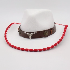 Detail of white felt cowboy hat with leather band, ox head buckle and red stitched brim