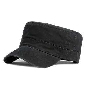 Vintage black washed cotton cadet cap for men with breathable metal eyelets and stitching
