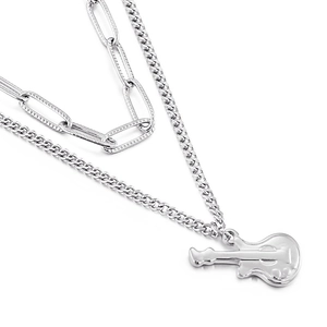 Double-layer silver guitar necklace with paperclip and curb chain for a musical style
