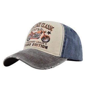 Side view of vintage motorcycle baseball cap with classic speedway print and distressed finish