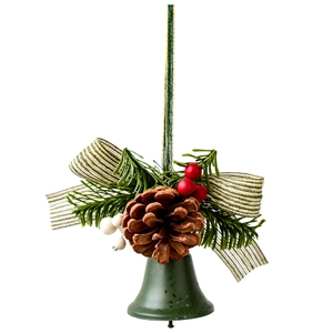 Christmas bell ornament with pine cones red berries and green ribbon for tree decor