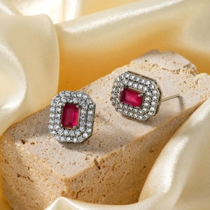 Retro style copper earrings with rectangular red gemstone and double zirconia halos