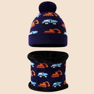 Kids navy winter knit hat and neck warmer set with excavator pattern and fleece lining