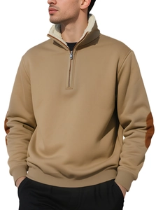 Detail of khaki half-zip sweatshirt featuring contrasting brown elbow patches and fleece collar