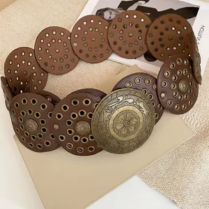 Bohemian vintage brown leather waist chain with engraved round metal buckle and rivets